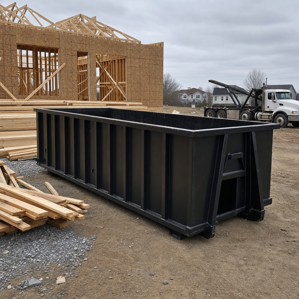 Matte-black 40-yard roll-off dumpster staged on a framed-out residential construction site in Greeley, framing lumber stacked nearby, hooklift delivery truck visible in the background under bright Colorado daylight