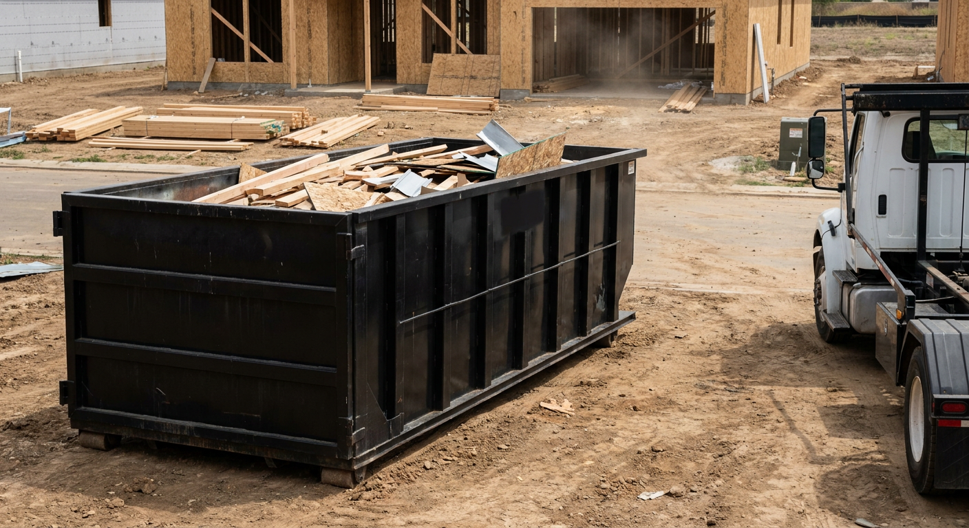 Matte-black 20-yard roll-off construction dumpster with heavy ribbed steel sidewalls and swing rear doors at a working jobsite in Greeley, sitting directly on compacted dirt with an unmarked white hauler partially visible at the far edge of the frame.
