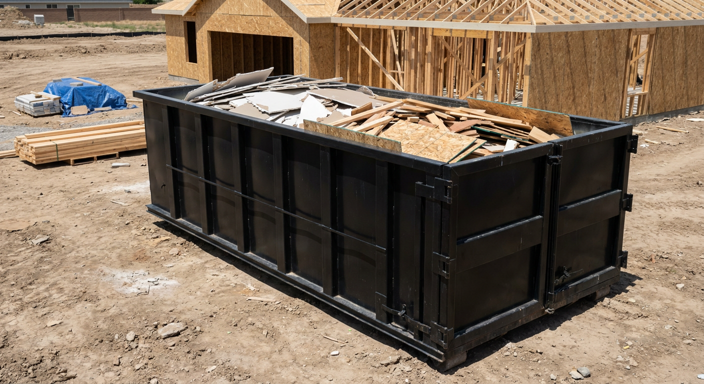 Matte-black 30-yard roll-off construction dumpster sitting directly on the compacted-dirt site of a framed single-family home build in Greeley, drywall and lumber scrap loaded inside.