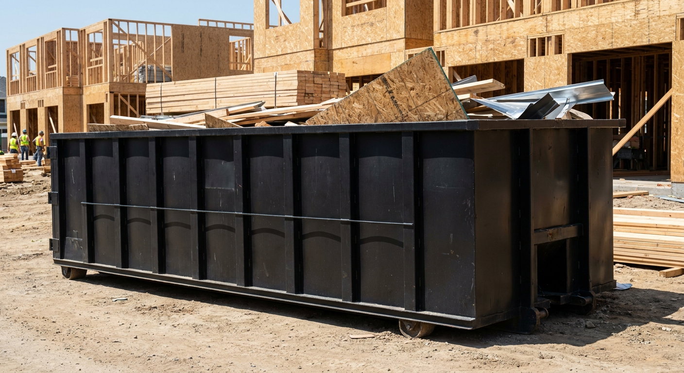 Matte-black 40-yard roll-off construction dumpster being lowered from a white-cab hooklift delivery truck onto the compacted-dirt jobsite at a commercial build site in Greeley