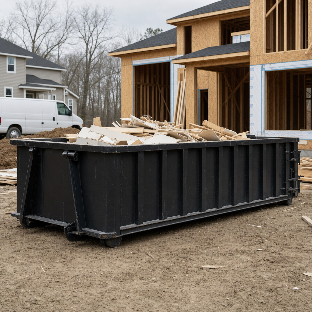 Worker in a yellow high-visibility vest tossing framing lumber and broken drywall into a matte-black 30-yard construction roll-off dumpster on an active build site in Greeley, bright daylight