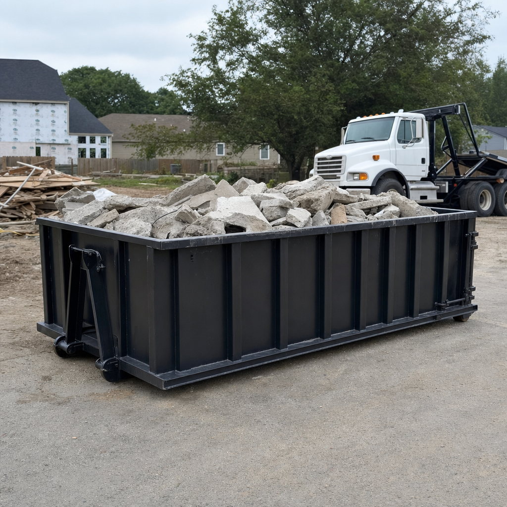Low-profile matte-black lowboy roll-off dumpster loaded with broken concrete slab and rebar at a foundation tear-out in Greeley, skid steer parked beside it, sunny Colorado morning
