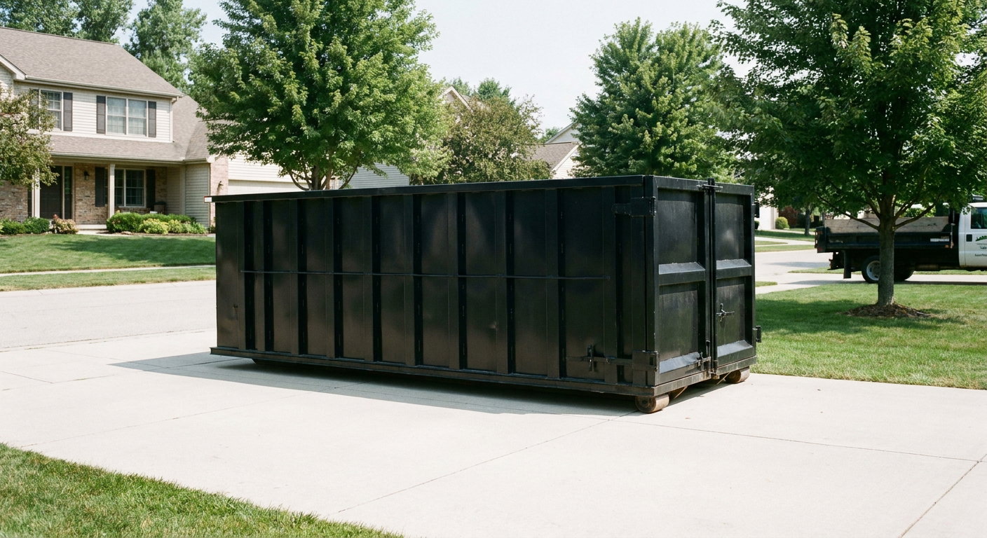 Matte-black 20-yard roll-off dumpster sitting level on a clean Greeley residential concrete driveway under bright daylight, demonstrating clean placement directly on the concrete.