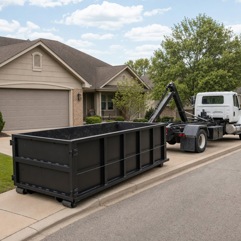 Wide documentary shot of a matte-black roll-off dumpster on a Greeley residential driveway in the foreground and a contractor jobsite container in the soft-focus background, bright daylight, calm and orderly composition.