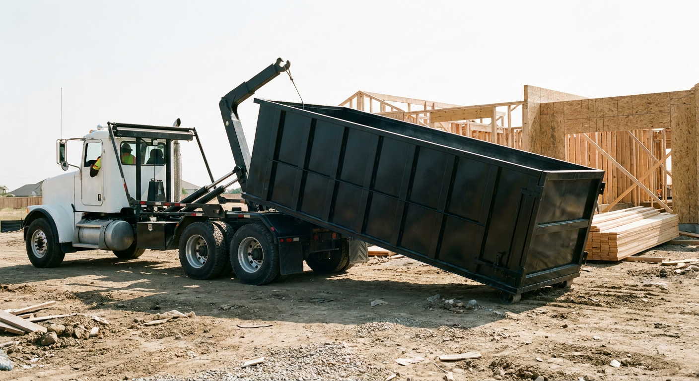 Matte-black roll-off dumpster being delivered onto a clean residential concrete driveway in Greeley by an unmarked white hooklift hauler truck, bright morning daylight, documentary 35mm perspective.