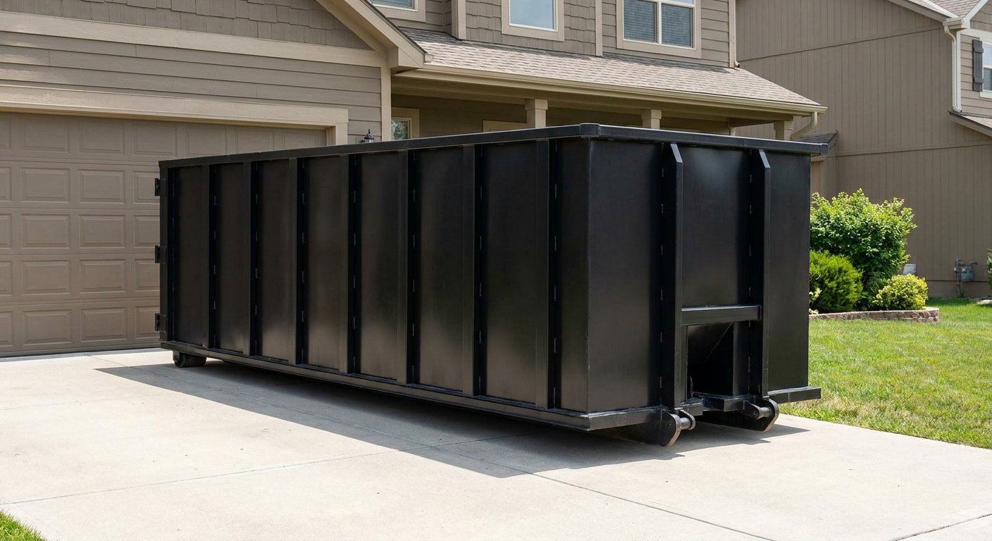 Matte-black residential roll-off dumpster sitting directly on a suburban Greeley concrete driveway, garage door closed, single-family home in background, bright morning daylight.