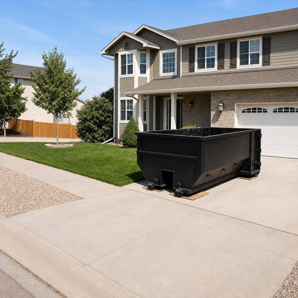 10-yard matte-black residential dumpster placed directly on a narrow Greeley concrete driveway, room remains for a parked sedan beside it, mid-morning natural light