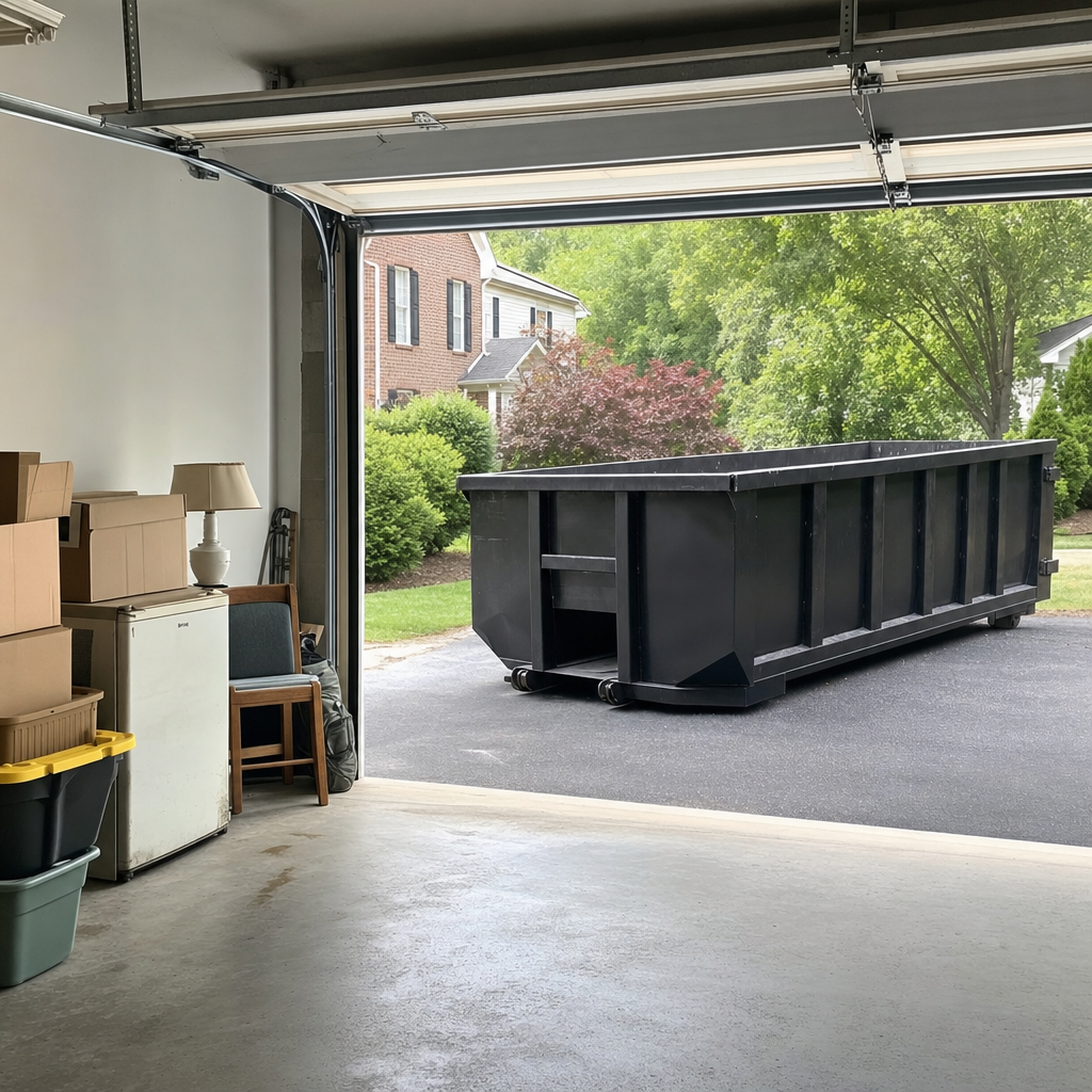 Open garage interior in a Greeley home mid-cleanout — boxed items, an old appliance, and stacked yard tools queued near the driveway for a matte-black roll-off dumpster, organized and calm