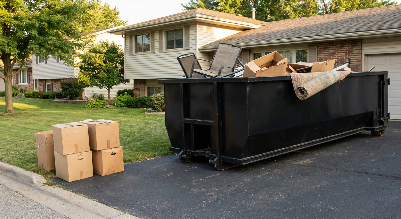 Front-yard view of a Greeley split-level home with a 20-yard matte-black roll-off dumpster sitting directly on the asphalt driveway, a few clearly labeled donation boxes staged at the curb, calm sunny afternoon.