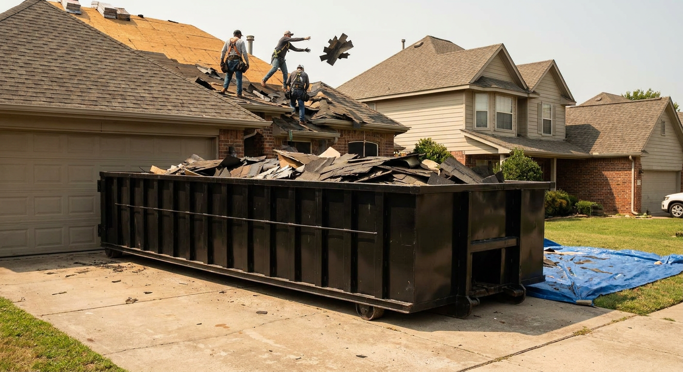 Matte-black roofing roll-off dumpster placed directly on a Greeley residential concrete driveway, a tear-off crew on a two-story asphalt-shingle roof tossing shingle bundles into the low-walled container, bright daylight, documentary 35mm perspective.