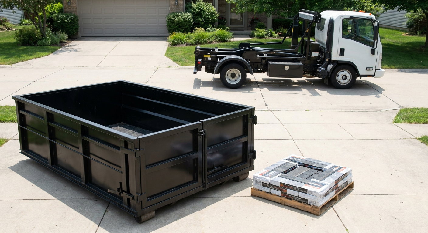 Matte-black 15-yard roofing roll-off dumpster with reinforced low side walls sitting directly on a Greeley residential concrete driveway, three-tab asphalt shingle bundles stacked nearby, an unmarked white hauler truck partially visible at the edge of the frame.