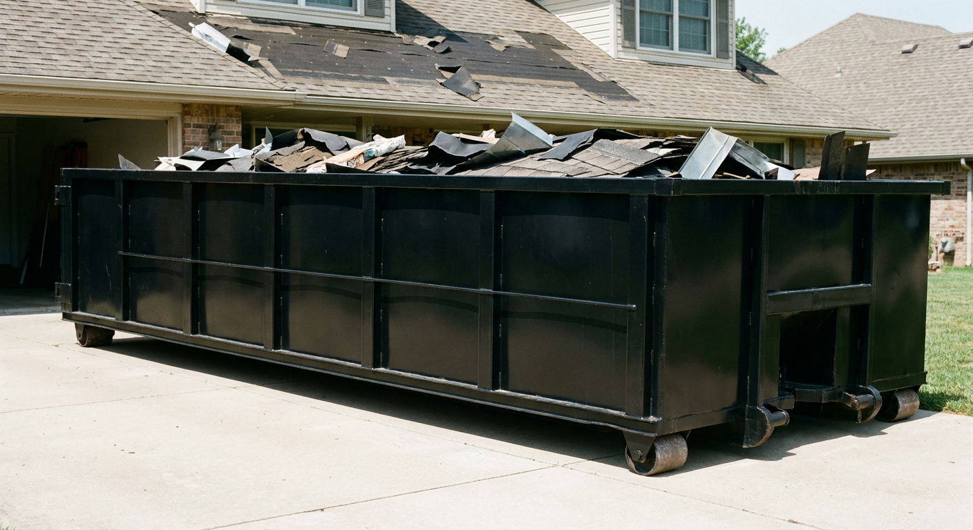Matte-black 20-yard roofing roll-off dumpster with steel ribbed sides and swinging rear door, sitting directly on the concrete driveway of a two-story Greeley home, asphalt shingle debris being loaded over the low wall, clean documentary lighting.