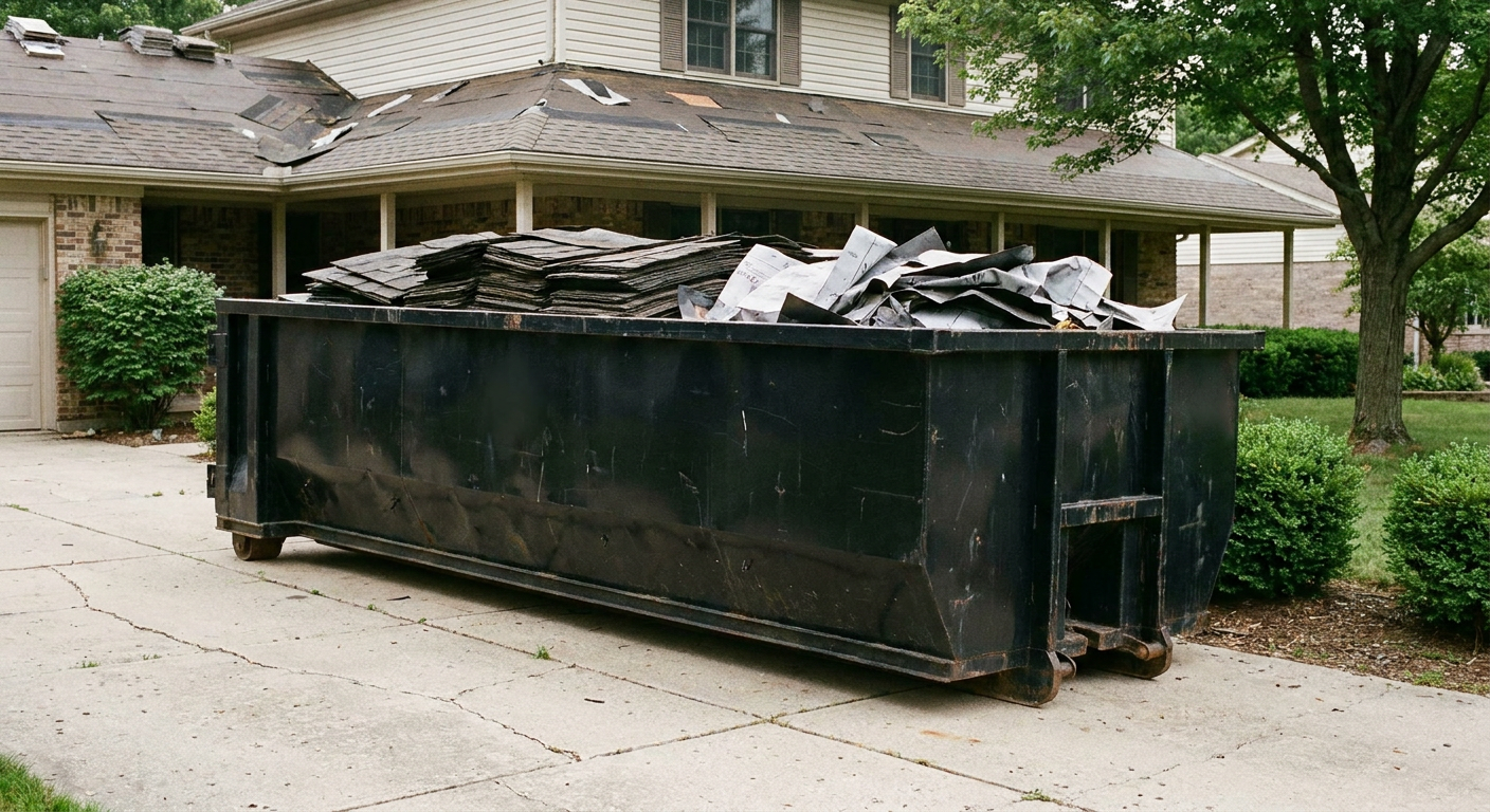 Matte-black 30-yard roofing roll-off dumpster sitting directly on a Greeley concrete driveway, taller ribbed steel side panels, mixed tear-off debris of asphalt shingles and underlayment inside, professional documentary daylight.