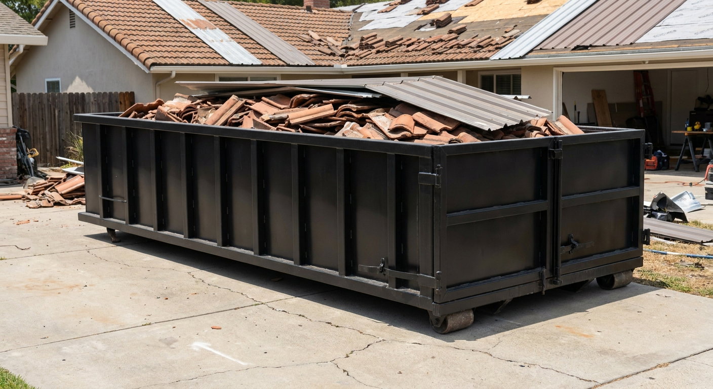 Matte-black low-wall heavy-debris roofing roll-off dumpster sitting directly on a Greeley concrete driveway, broken concrete clay roof tiles and metal panel sections loaded inside, reinforced ribbed steel side walls visible, bright outdoor daylight.