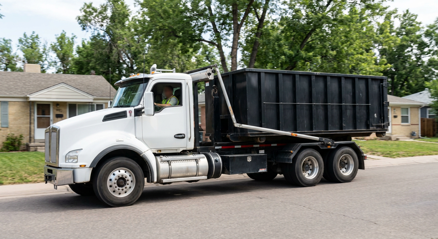 A wide documentary shot of a matte-black roll-off delivery truck pulling onto a quiet Greeley residential street at mid-morning, with neighborhood rooftops and tree-lined blocks visible behind, showing the metro coverage footprint.