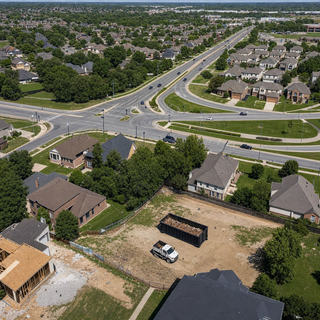 An overhead documentary view of the Greeley metro area at midday, showing the spread of neighborhoods, arterial roads, and the dispatch radius from a central yard — clean daylight, organized geographic layout.