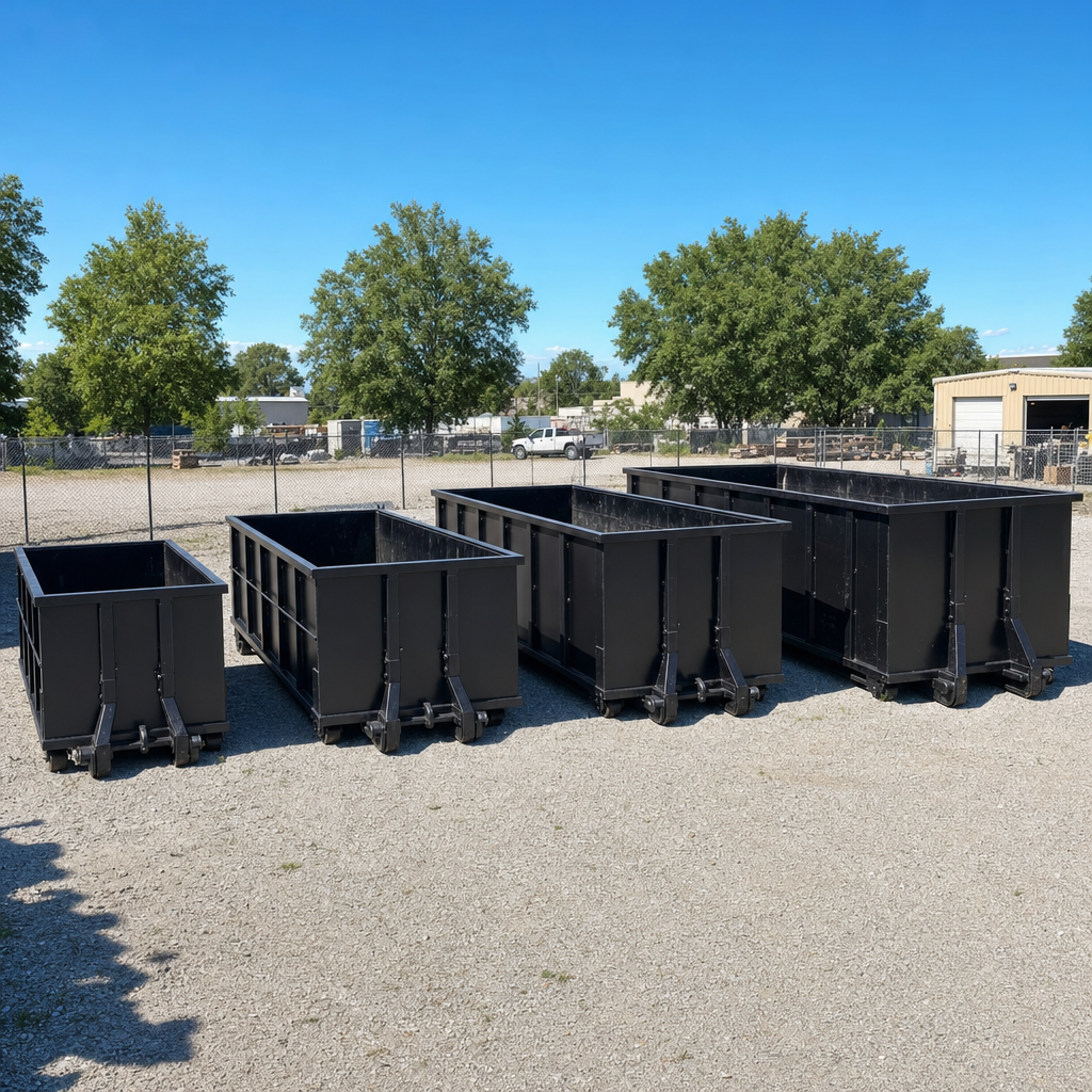 A clean lineup of matte-black roll-off dumpsters in 10, 20, 30, and 40-yard sizes staged on a sunlit gravel yard in Greeley, showing the size progression from compact to commercial-scale containers.