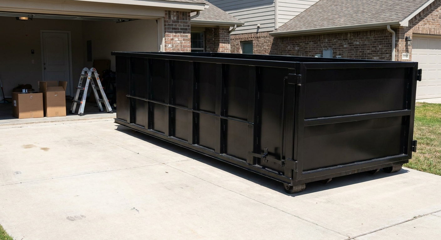 A matte-black 10-yard roll-off dumpster sitting directly on a residential Greeley concrete driveway, mid-day sunlight, clean and ready for a garage cleanout.