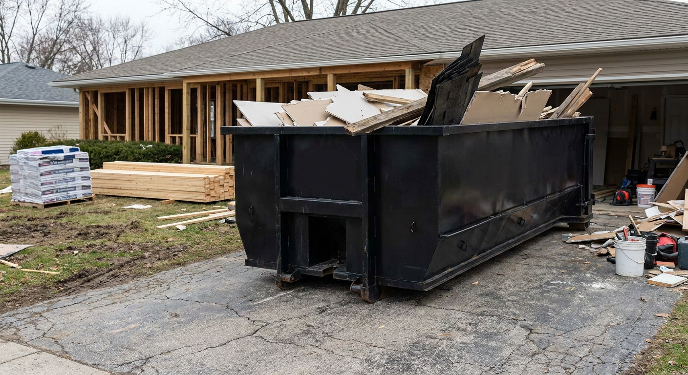 A matte-black 20-yard roll-off dumpster placed alongside a mid-renovation Greeley home directly on the asphalt driveway, with framing materials and torn-off shingles staged neatly nearby.