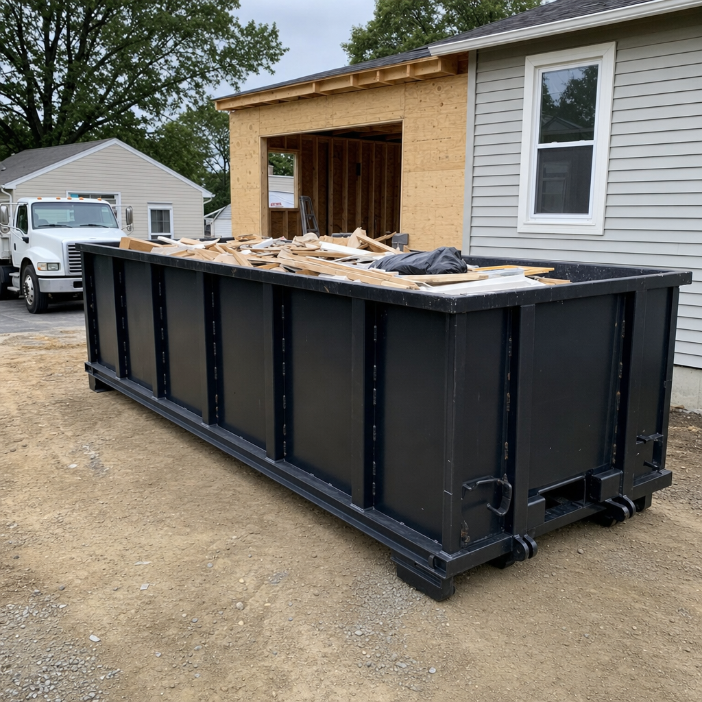 A matte-black 30-yard roll-off dumpster positioned at a Greeley residential addition jobsite, with framing lumber and drywall scraps loaded through the open swinging rear doors.