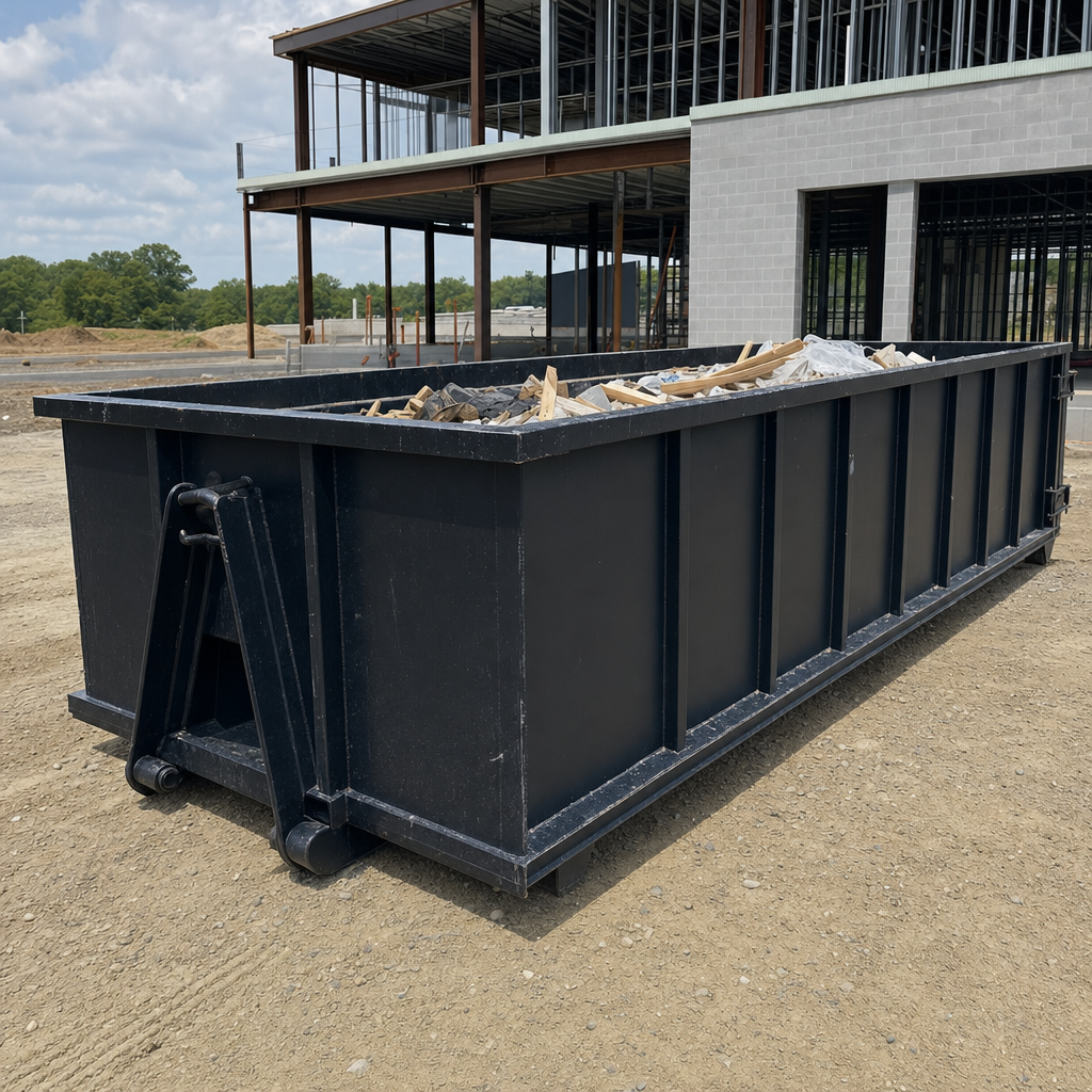 A matte-black 40-yard roll-off dumpster staged on a large Greeley commercial construction lot, with a hooklift delivery truck parked alongside under bright midday sky.