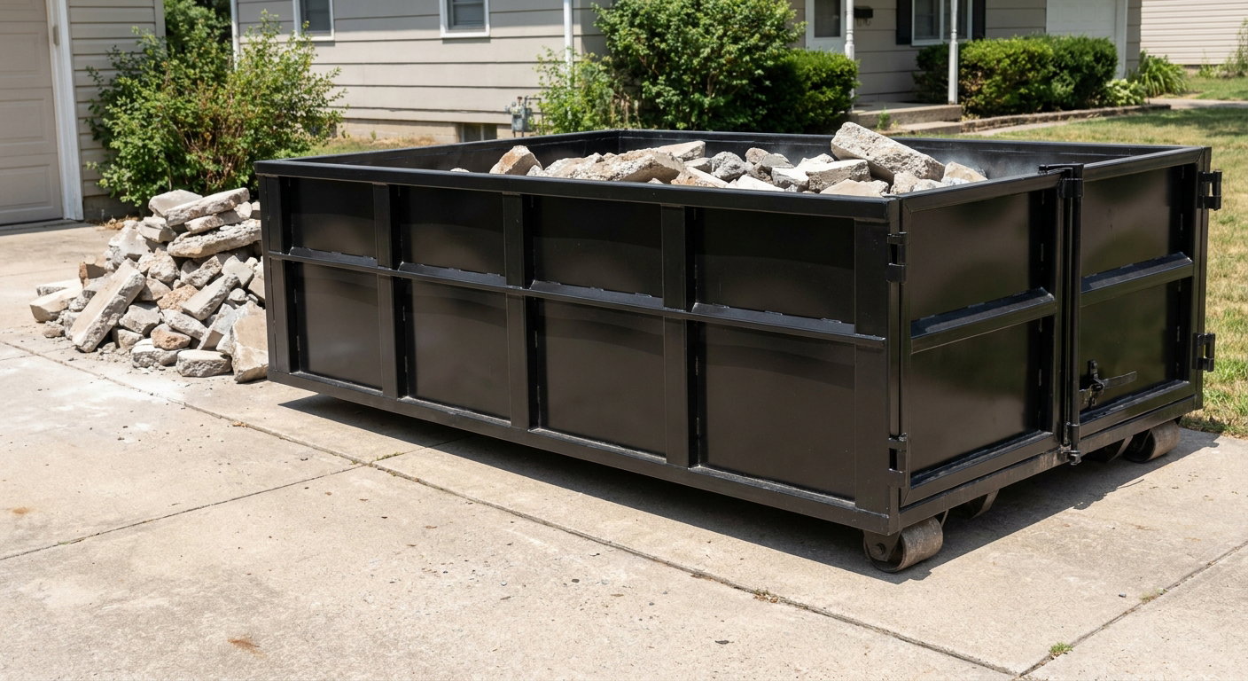 A matte-black low-side heavy-debris roll-off dumpster placed directly on a Greeley concrete driveway, with broken concrete chunks neatly stacked beside it under clean daylight.
